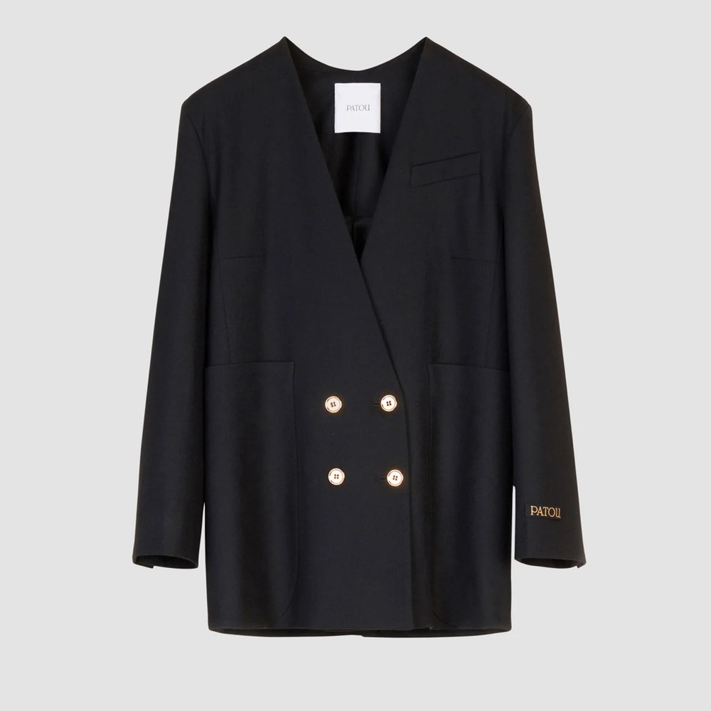 Patou Collarless double-breasted wool jacket black Sz 40 FR / 8 US